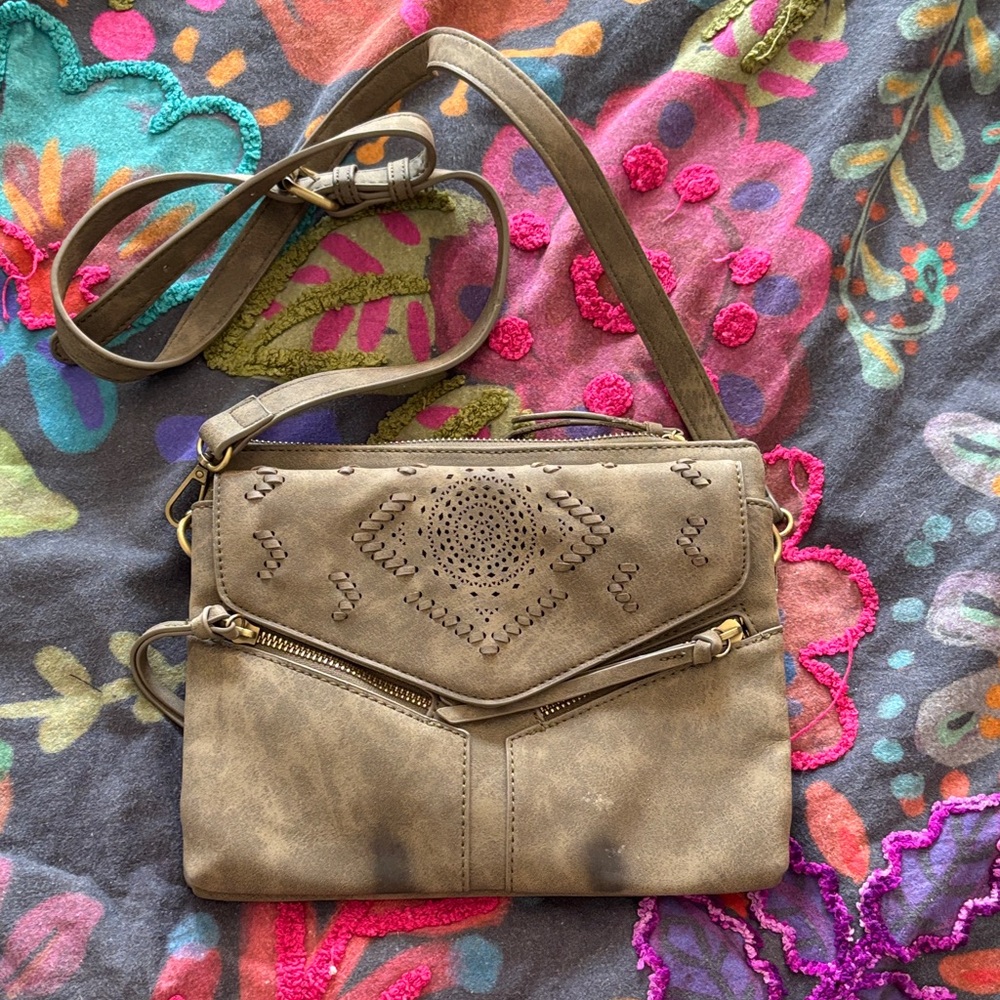 Francesca's Collections Embroidered Tan Crossbody Bag